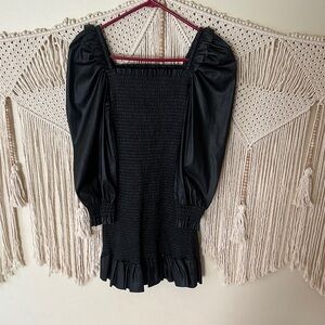 7 For All Mankind Black Puff-Sleeve Smocked Mini Dress